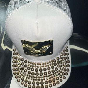 Robins Jeans Hat Gold and white bedazzled SnapBack
